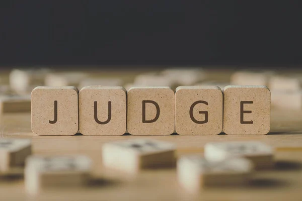 Selective Focus Word Judge Made Cubes Surrounded Blocks Letters Wooden — Stock Photo, Image