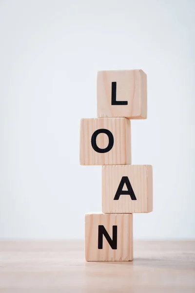 Stacked Wooden Cubes Black Loan Inscription Wooden Surface Isolated Grey — Stock Photo, Image