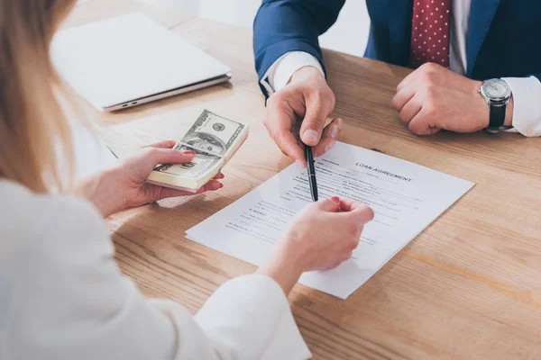 Cropped Shot Businessman Pointing Signature Place Loan Agreement Woman Holding — Stock Photo, Image