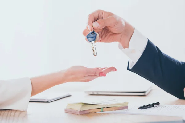 Cropped Shot Car Dealer Giving Car Keys Client Office — Stock Photo, Image
