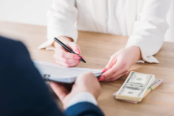Cropped Shot Woman Signing Contract Clipboard Hands Manager Dollar Banknotes — Stock Photo, Image