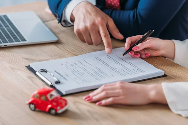 Cropped View Car Deal Pointing Signature Place Loan Agreement Woman — Stock Photo, Image
