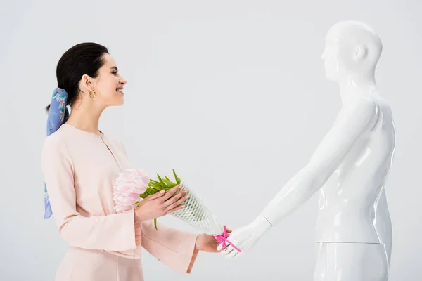 Beautiful Girl Taking Flower Bouquet Mannequin Isolated Grey — Stock Photo, Image