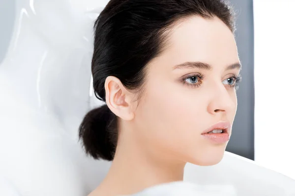 Beautiful Young Woman White Plastic Mannequin Looking Away — Stock Photo, Image