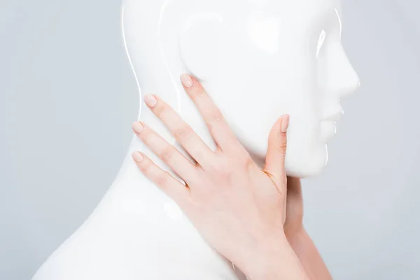 Cropped View Girl Touching Plastic Mannequin Isolated Grey — Stock Photo, Image