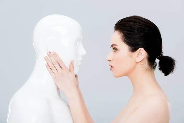 Beautiful Young Woman Touching Plastic Mannequin Isolated Grey — Stock Photo, Image