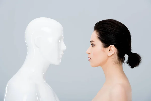 Beautiful Young Woman Looking Plastic Mannequin Isolated Grey — Stock Photo, Image