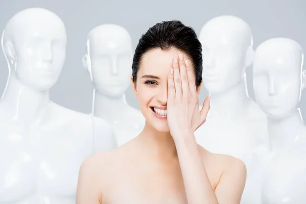 Beautiful Smiling Young Woman Mannequins Covering Face Hand Isolated Grey — Stock Photo, Image