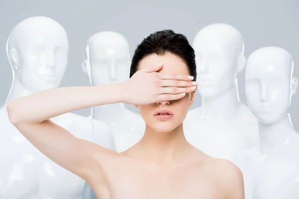 Beautiful Girl Covering Face Hand Mannequins Isolated Grey — Stock Photo, Image