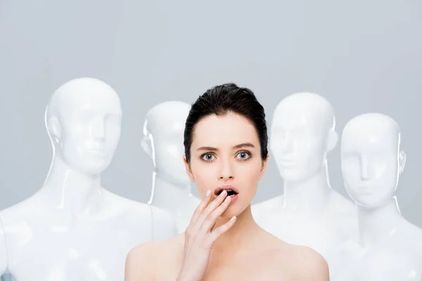 Beautiful Surprised Girl Posing Mannequins Isolated Grey — Stock Photo, Image