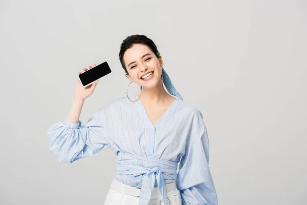 Beautiful Stylish Girl Using Holding Smartphone Blank Screen Isolated Grey — Stock Photo, Image