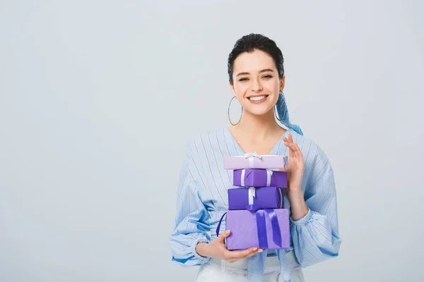 Beautiful Stylish Girl Holding Gift Boxes Smiling Isolated Grey Copy — Stock Photo, Image