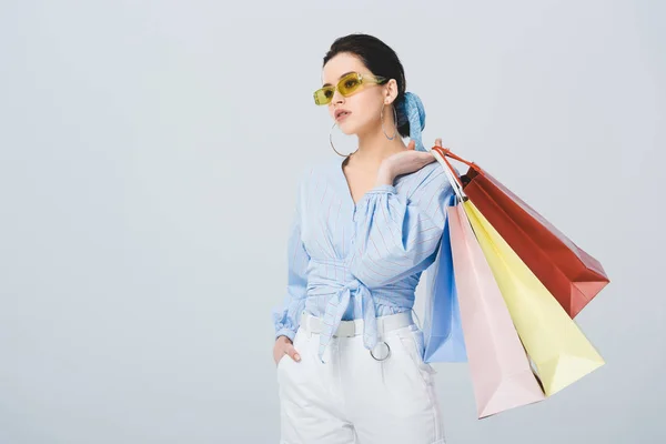 Beautiful Stylish Girl Shopping Bags Isolated Grey Copy Space — Stock Photo, Image