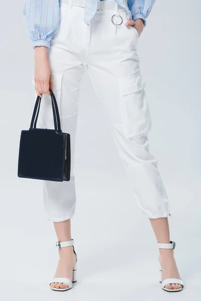 Partial View Stylish Girl Bag Posing Grey — Stock Photo, Image