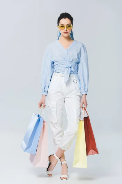 Beautiful Fashionable Girl Shopping Bags Grey — Stock Photo, Image