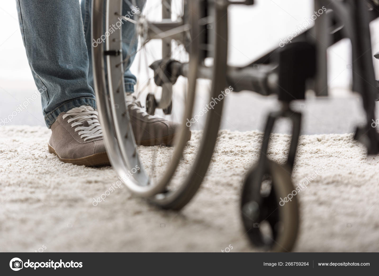 Cropped View Man Standing Carpet Wheelchair Stock Photo by