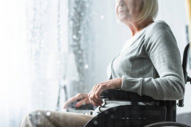 tekerlekli sandalyede engelli yaşlı kadının kırpılmış görünümü