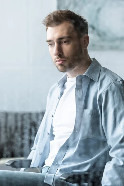 Selective Focus Sad Disabled Man Wheelchair — Stock Photo, Image