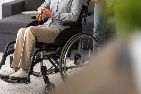 Visão Cortada Homem Carregando Mãe Sênior Cadeira Rodas — Fotografia de Stock