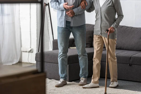 Cropped View Man Helping Senior Mother Living Room — Stock Photo, Image