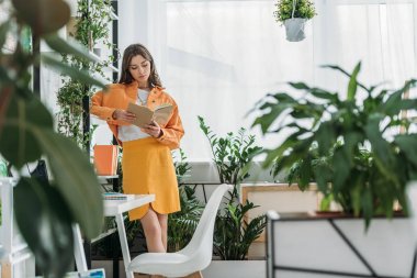 yeşil saksı bitkileri ile dekore odada genç moda kadın okuma kitabı seçici odak