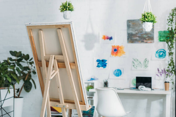 просторная комната с мольбертом, картинами на стене и растениями в горшке
