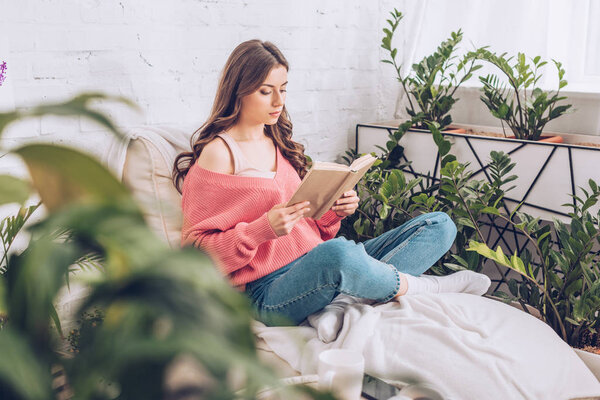 selective focus of attentive girl reading book while sitting surrounded by green plants at home 