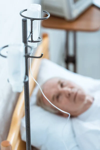 Selective Focus Sick Senior Man Lying Bed Clinic — Stock Photo, Image