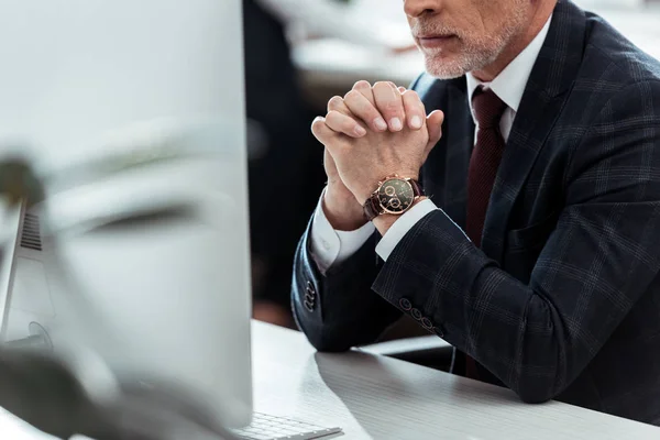 Cropped View Mature Businessman Sitting Clenched Hands Office — Stock Photo, Image