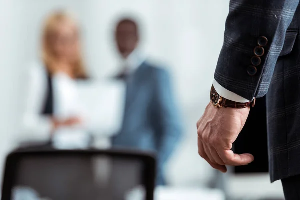 Selective Focus Businessman Watch Hand Standing Office — Stock Photo, Image