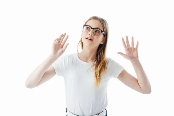 Curious Teenage Girl Glasses Gesturing Isolated White — Stock Photo, Image