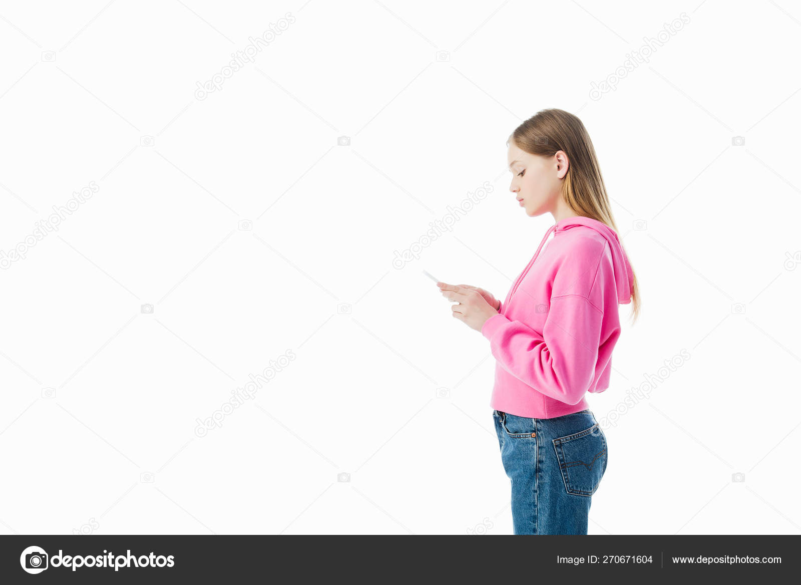 Download Side View Teenage Girl Pink Hoodie Using Smartphone Isolated White Stock Photo Image By C Andrewlozovyi 270671604