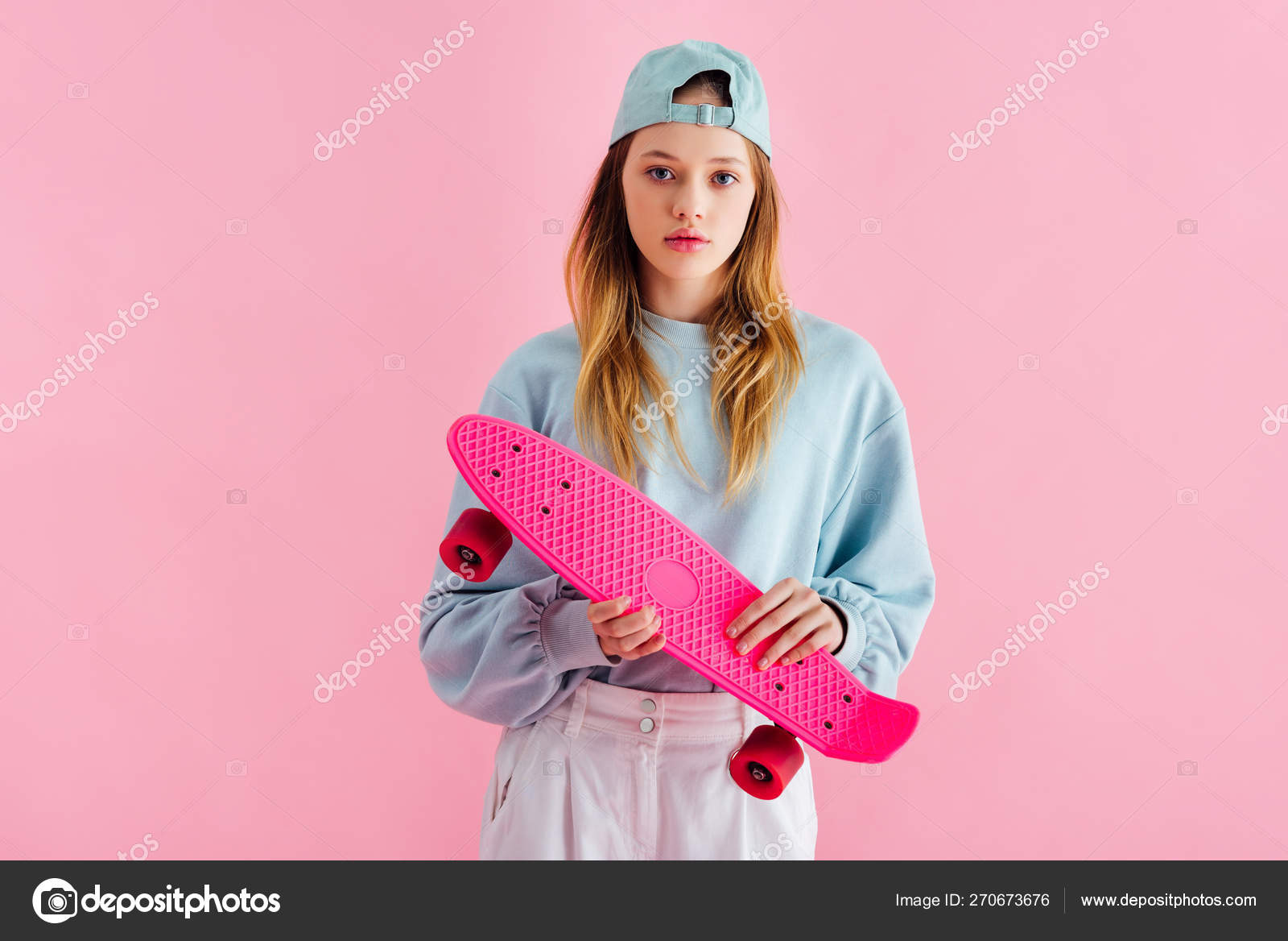 Pretty Teenage Girl Cap Holding Penny Board Isolated Pink Royalty Free ...