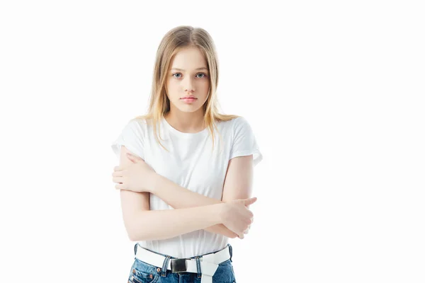 Trauriges Teenager Mädchen Eingefroren Isoliert Auf Weiß — Stockfoto