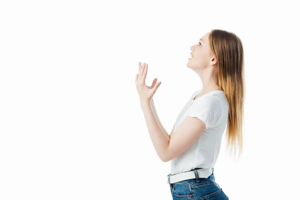 Side View Irritated Teenage Girl Gesturing Isolated White — Stock Photo, Image