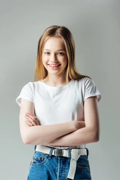 Happy Teenage Girl Crossed Arms Looking Camera Isolated Grey — Stock Photo, Image
