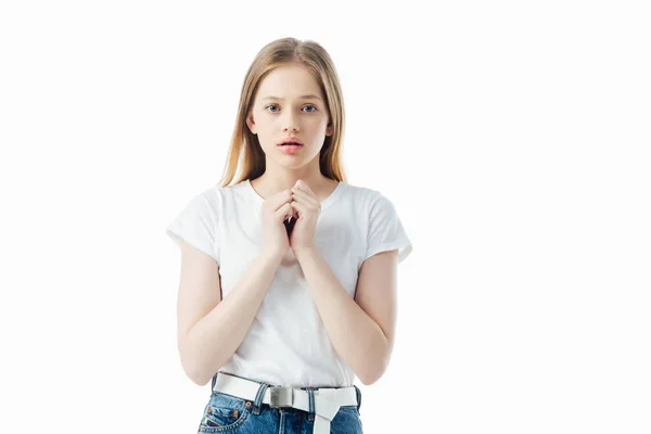 Adolescente Assustada Olhando Para Câmera Isolada Branco — Fotografia de Stock