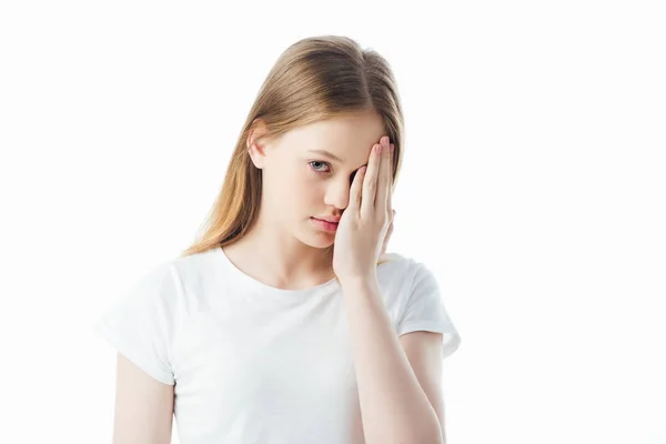 Gefrustreerd Tiener Meisje Toont Facepalm Geïsoleerd Wit — Stockfoto