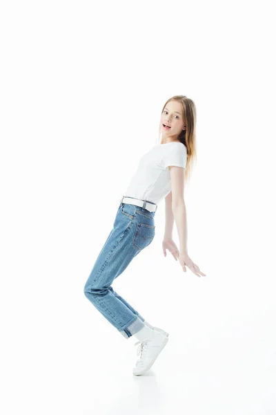 Vista Completa Chica Adolescente Feliz Bailando Aislado Blanco — Foto de Stock