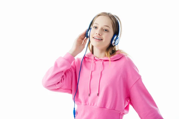 Positive Teenage Girl Touching Blue Headphones Isolated White — Stock Photo, Image
