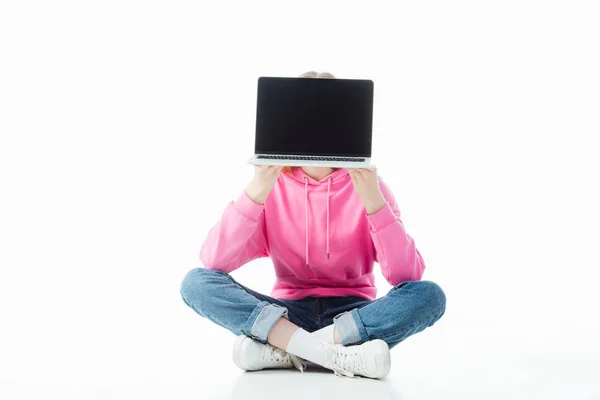 Teenage Girl Obscure Face Crossed Legs Holding Laptop Blank Screen — Stock Photo, Image