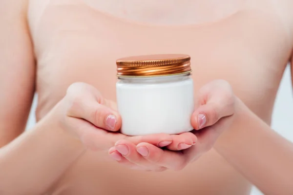 Cropped View Teenage Girl Holding Cosmetic Cream Hands — Stock Photo, Image