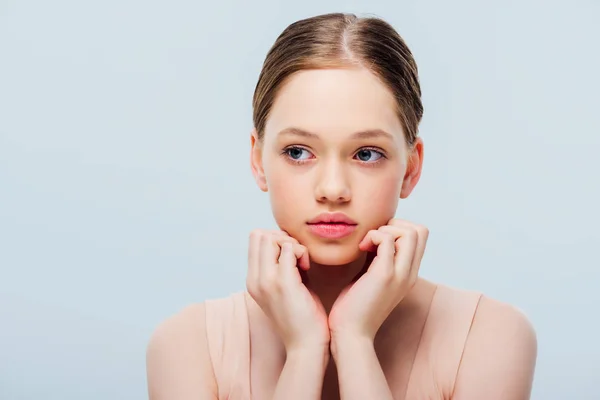 Sad Dreamy Teenage Girl Looking Away Isolated Grey — Stock Photo, Image