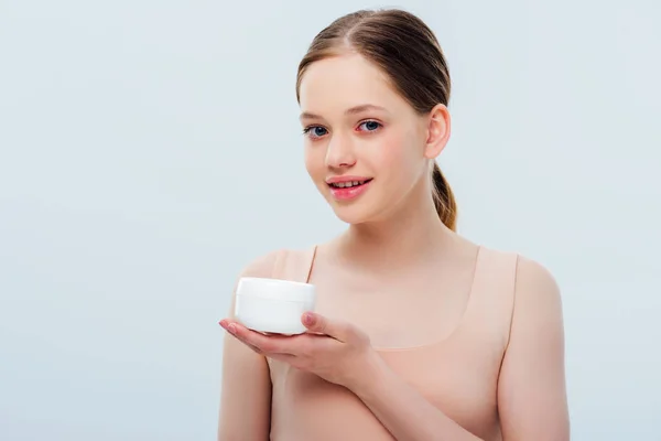 Cheerful Teenage Girl Holding Cosmetic Cream Isolated Grey — Stock Photo, Image