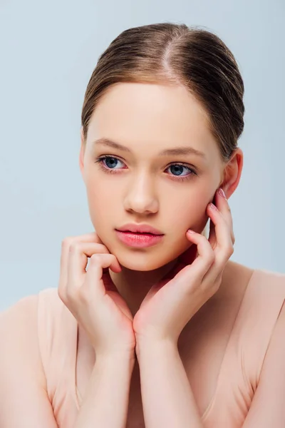 Portrait Dreamy Teenage Girl Touching Face Looking Away Isolated Grey — Stock Photo, Image