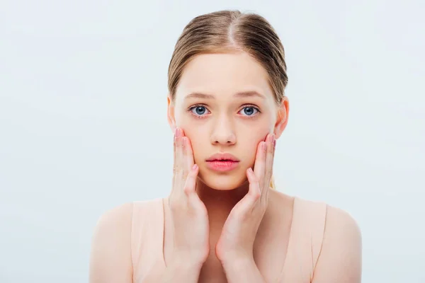 Sad Teenage Girl Touching Face Isolated Grey — Stock Photo, Image