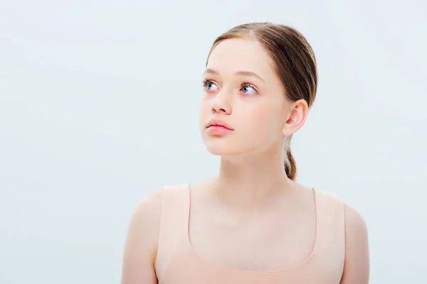 Sonhador Adolescente Menina Olhando Para Longe Isolado Cinza — Fotografia de Stock