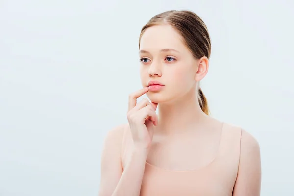 Pensoso Adolescente Ragazza Guardando Lontano Isolato Grigio — Foto Stock