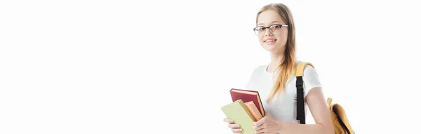 Smiling Schoolgirl Backpack Holding Books Isolated White Panoramic Shot — Stock Photo, Image