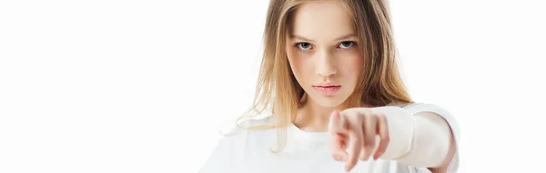 Selective Focus Offended Teenage Girl Pointing Finger Camera Isolated White — Stock Photo, Image